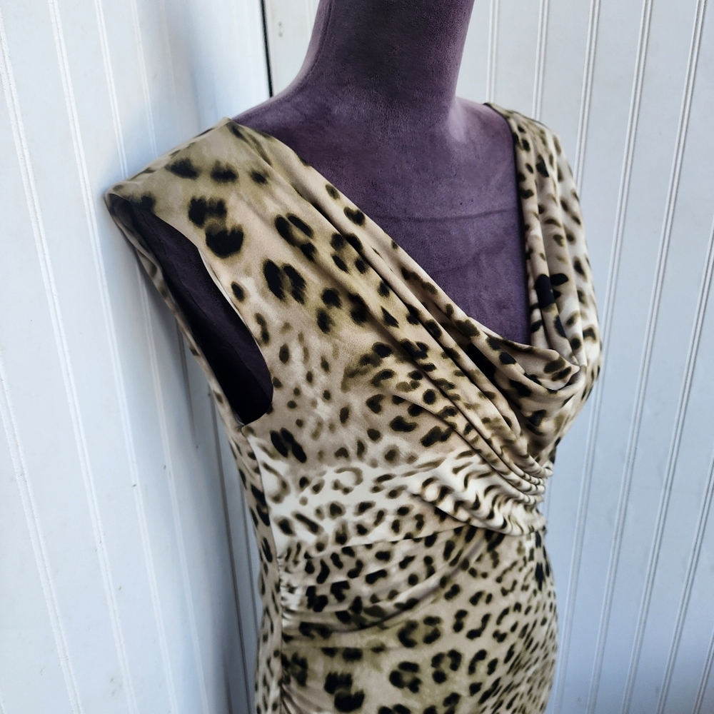 Vince Camuto Leopard Print Sleeveless Ruched Dress Stretch Tan Brown Sz S - Picture 4 of 14